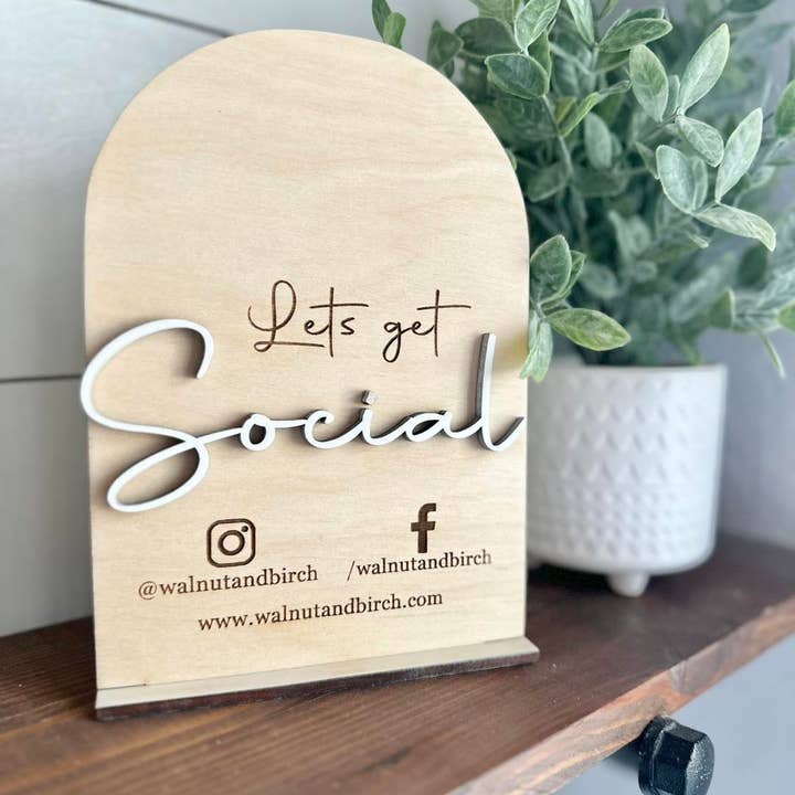 Walnut + Birch - Wholesale Sign - Let's get social - Social Media Board for Checkout Stand