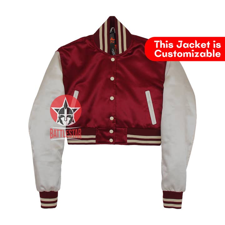 Casaco Varsity Cetim Branco Maroon & Off por atacado de Eastworth Industries