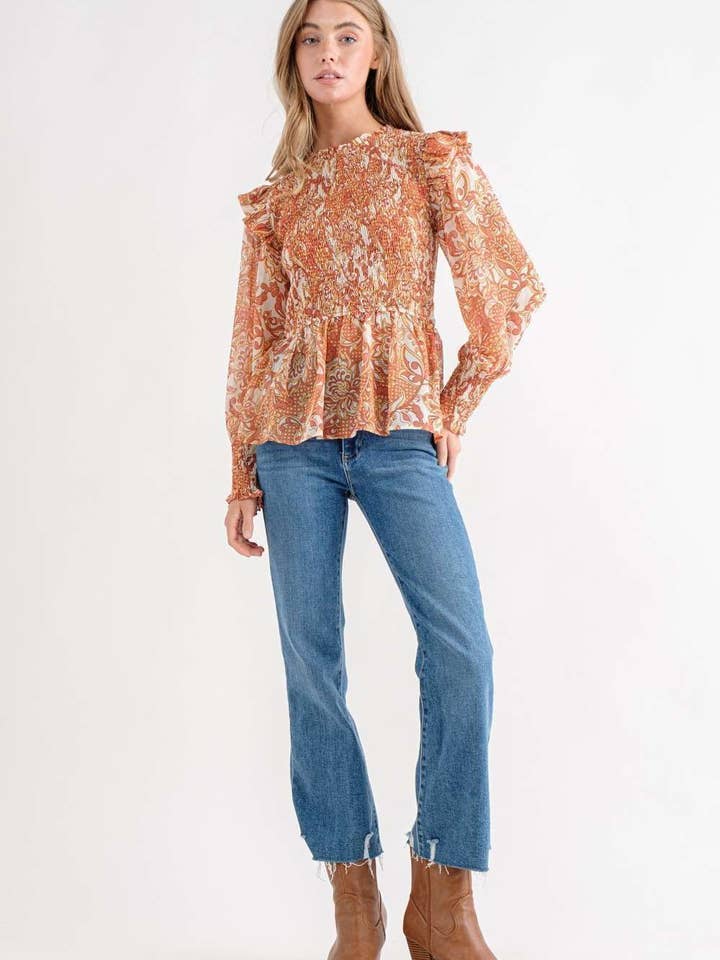 Rust Floral Top With Long Sleeve for wholesale on Faire3