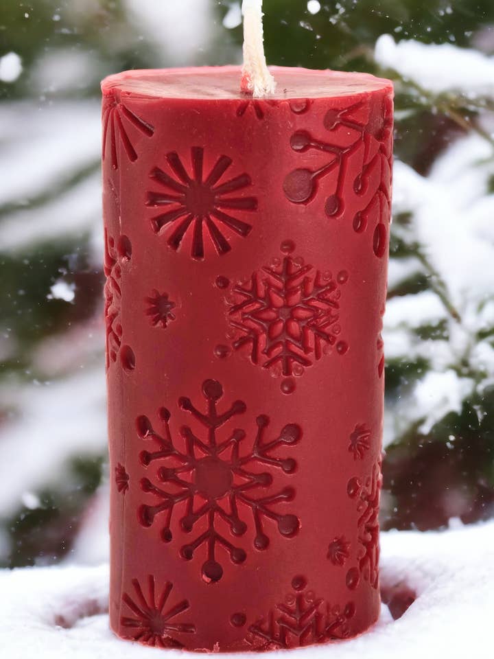 Snowflake Pillar Candle for wholesale by Cernunnos Farms
