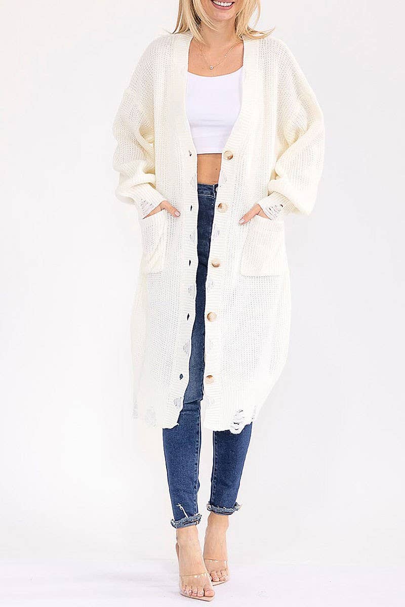 IVORY SOLID DISTRESSED KNIT BUTTON DOWN POCKETS CARDIGAN for wholesale on Faire