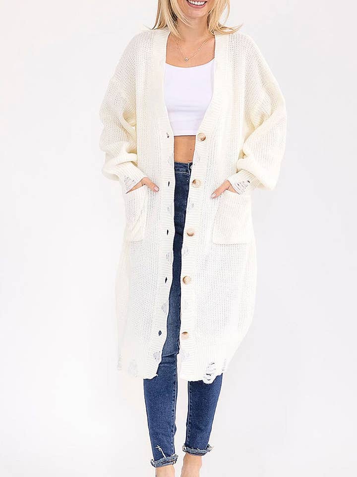 IVORY SOLID DISTRESSED KNIT BUTTON DOWN POCKETS CARDIGAN for wholesale on Faire0