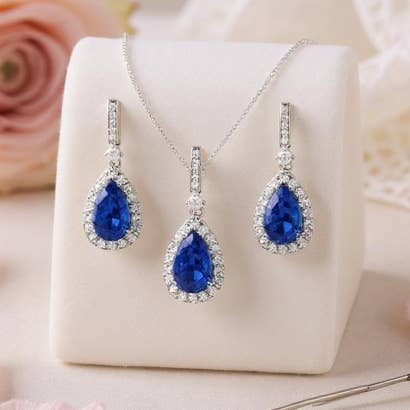 CZ COLLECTION - CRYSTAL SHIMMER NECKLACE SET - CZNK98 BLUE for wholesale by Athena Bridal Jewellery