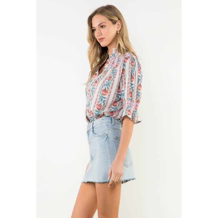 CREAM Smocked Neck Puff Sleeve Floral Top for wholesale on Faire