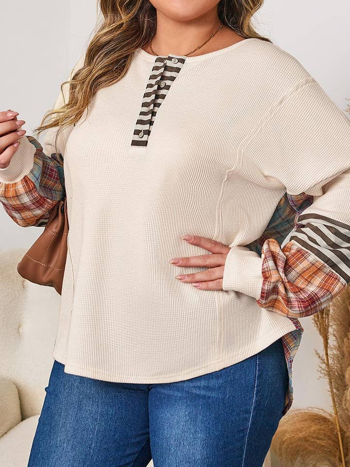 Parchment Plus Size Waffle Striped Plaid Patchwork Half ButtonPullover for wholesale on Faire2