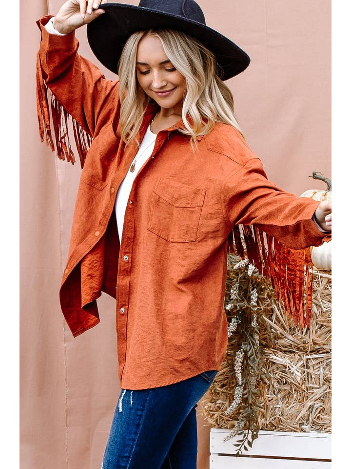 AND THE WHY - Venta al por mayor Sobrecamisa - Mujer - ATW14374P - Chaqueta abotonada con detalle de flecos en la espalda