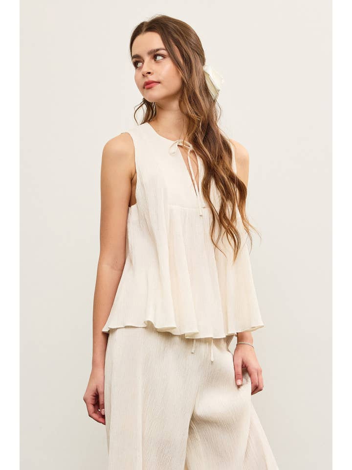 LINEN V NECK TIED FRONT SLEEVELESS TOP for wholesale on Faire