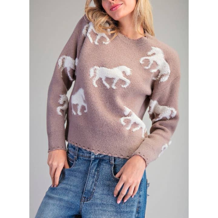 Pull texturé à manches longues avec motif cheval et effet usé pour la vente par Coloring You