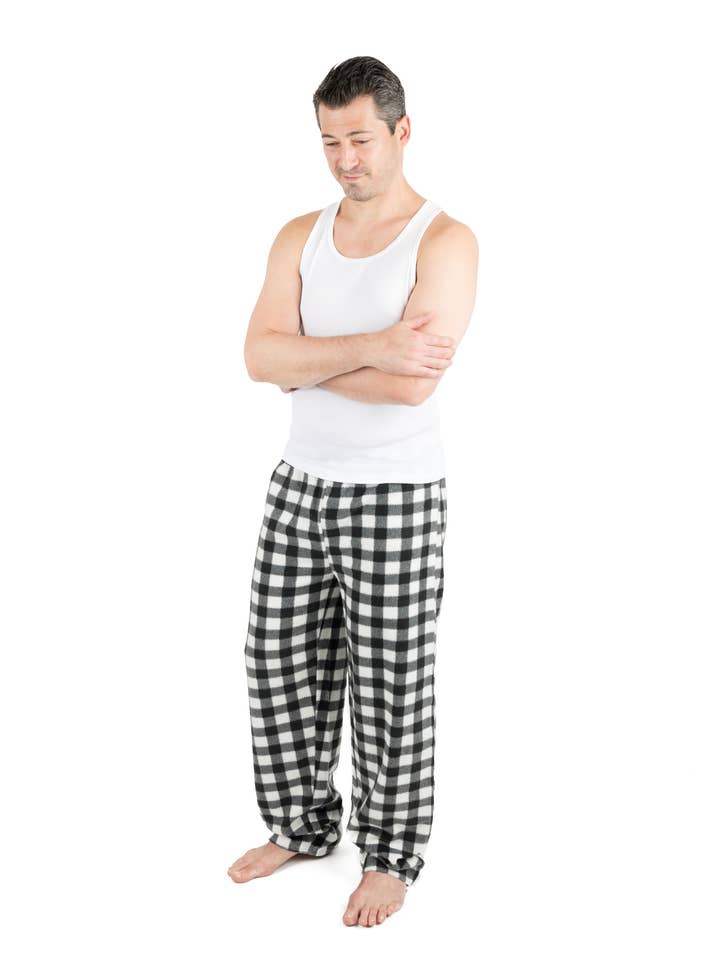 Pantaloni in pile da uomo in tartan bianco e nero per Natale per la vendita all'ingrosso da parte di Leveret Pajamas