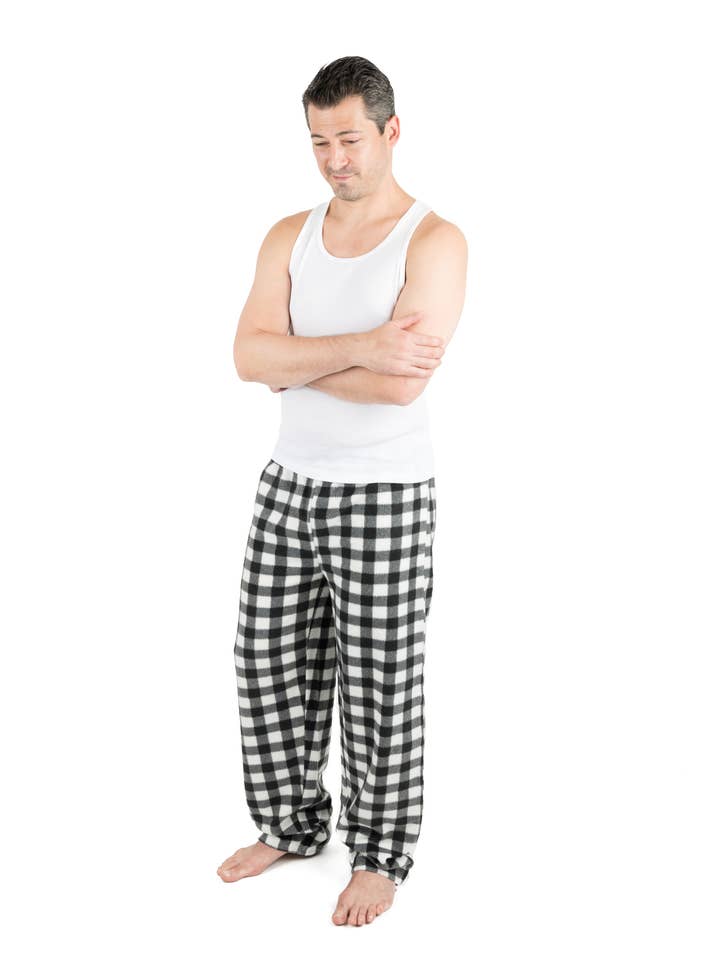 Mens Fleece Pants Black & White Plaid for Christmas for wholesale by Leveret Pajamas