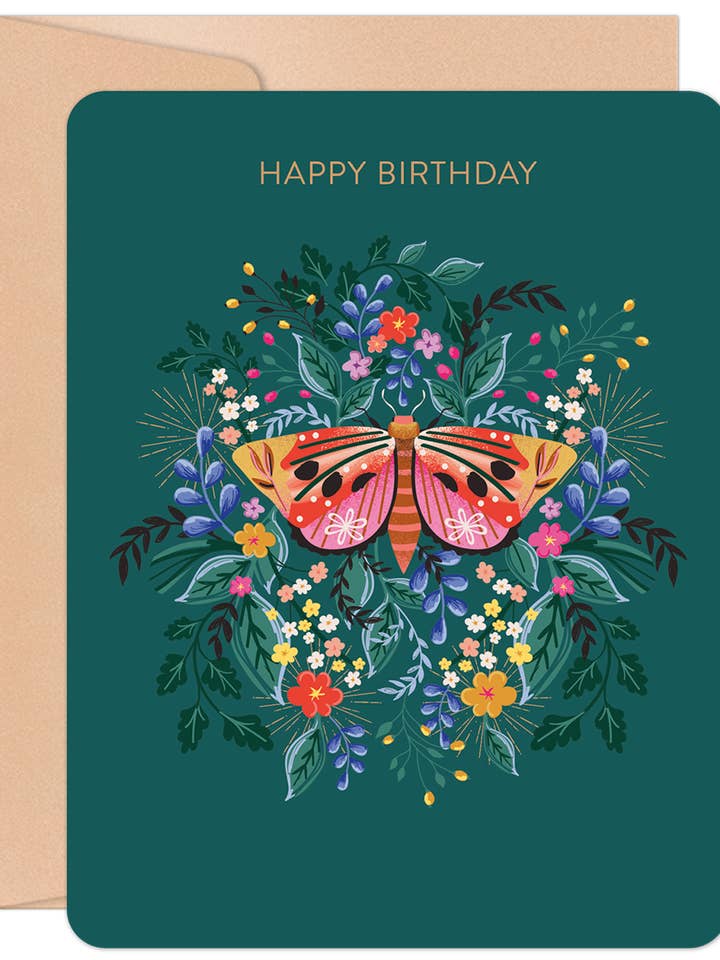 Biglietto di Auguri di Buon Compleanno con Motivo Floreale e Falena Colorata per la vendita all'ingrosso da parte di Willow & Ivy Press