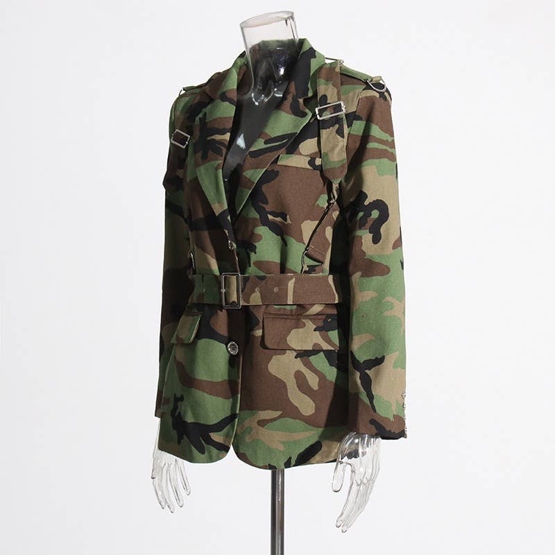Color as pictures BL24Y Camouflage Belted Blazer with Military Accents for wholesale on Faire3