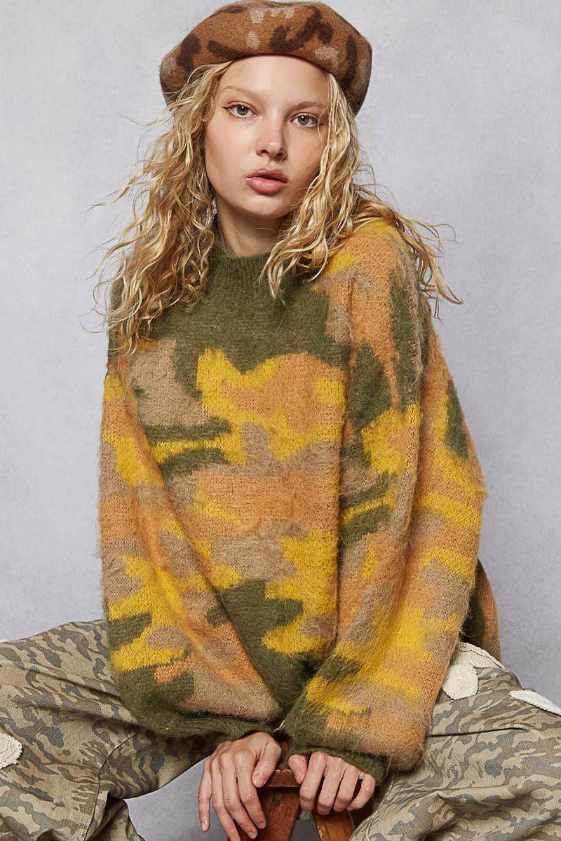 Pol Clothing - Vente Pull en maille – femme - Pull en mohair à manches longues avec blocs de couleur abstraits en solde2