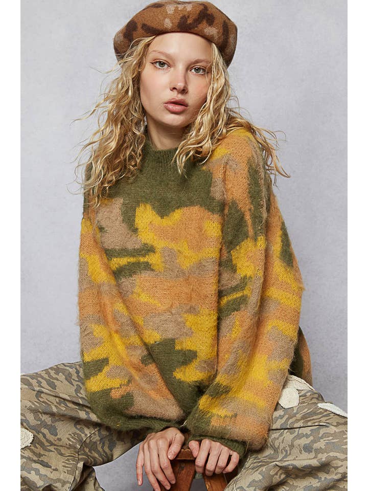 Pol Clothing - Vente Pull en maille – femme - Pull en mohair à manches longues avec blocs de couleur abstraits en solde2