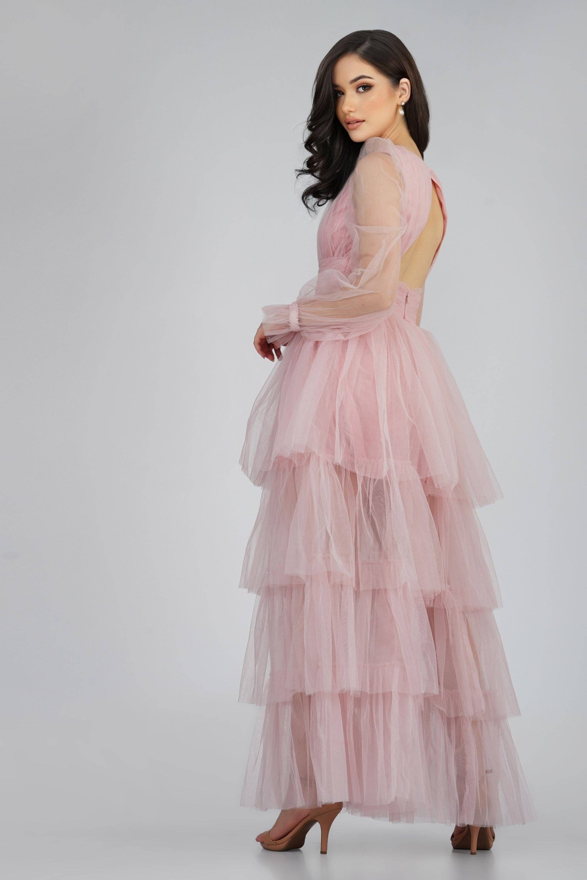 Salma Long Sleeve Tulle Maxi Dress in Pink for wholesale on Faire
