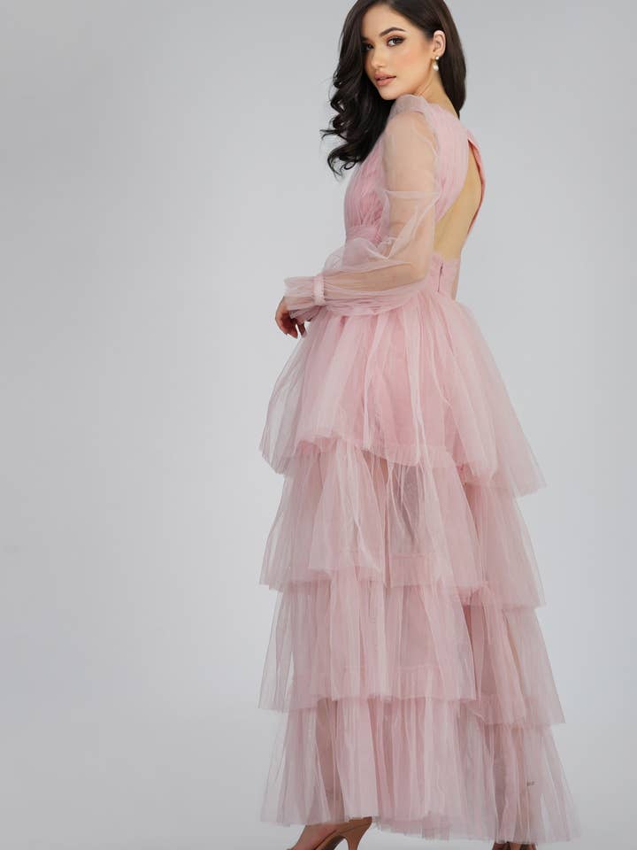 Salma Langærmet Tyll Maxi Kjole i Pink for engroshandel hos Lace & Beads