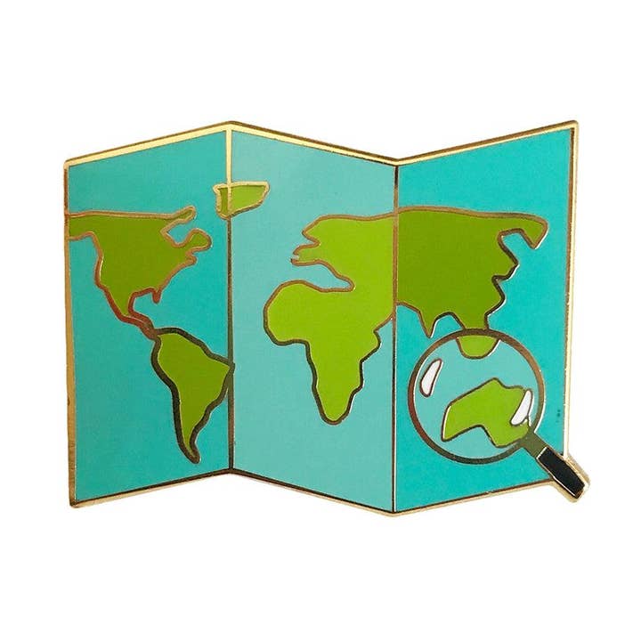Travel Map Enamel Pin for wholesale by Sleepy Mountain