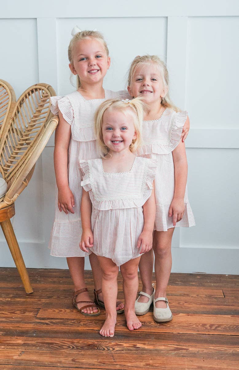 Yo Baby - Wholesale Dress Set - Baby - Peach Stripes Square Neck Ruffle Dress and Bloomers1