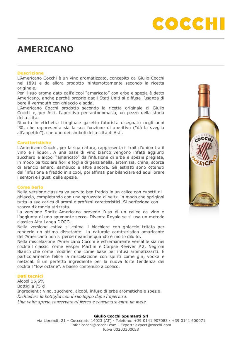 Metina SAS - Wholesale Cocktail Mix/Syrup - Cocchi White American Cocktail 75 cl.2