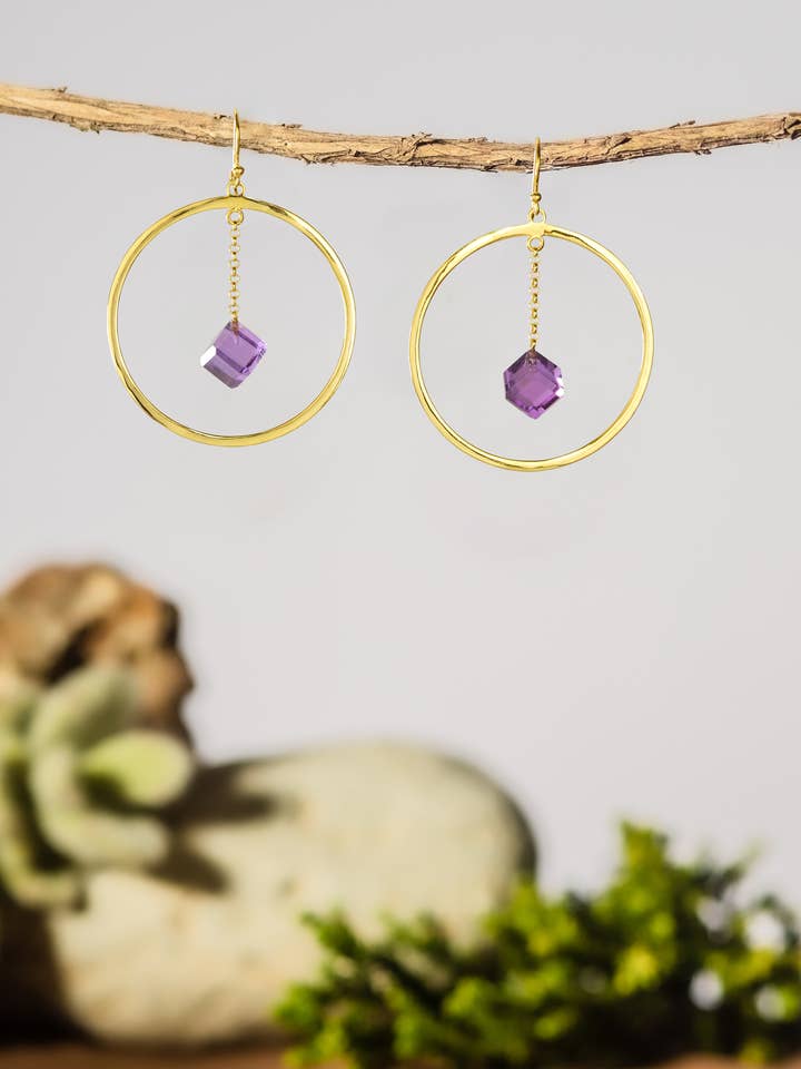 .925 Silver Hoop with Amethyst Cubes - OH Amethyst! (Yellow) for wholesale by Eleganz Jewelry, LLC