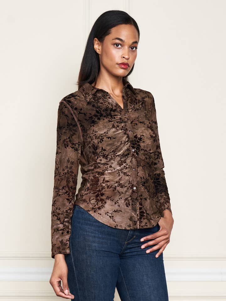 Brown 5700-MAT Flocked ITY Skinny Long Sleeve Ruched Shirt for wholesale on Faire6