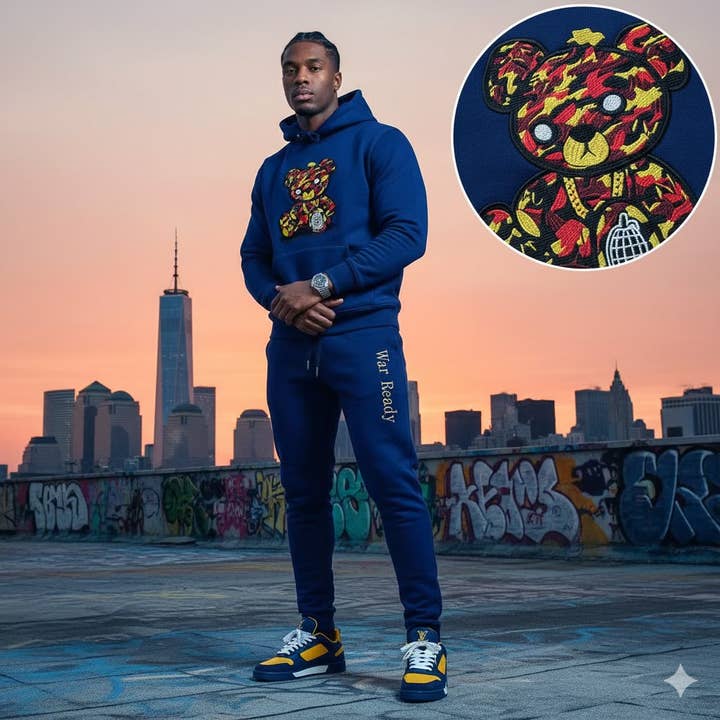 Adult "OG Red Bear Embroidery" Royal Blue Premium Fleece Jumpsuit for wholesale by War Ready