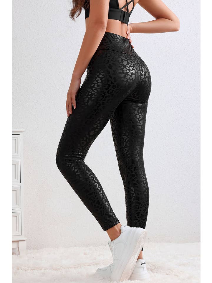 High Quality Black Shiny Leopard Textured Leggings for wholesale on Faire