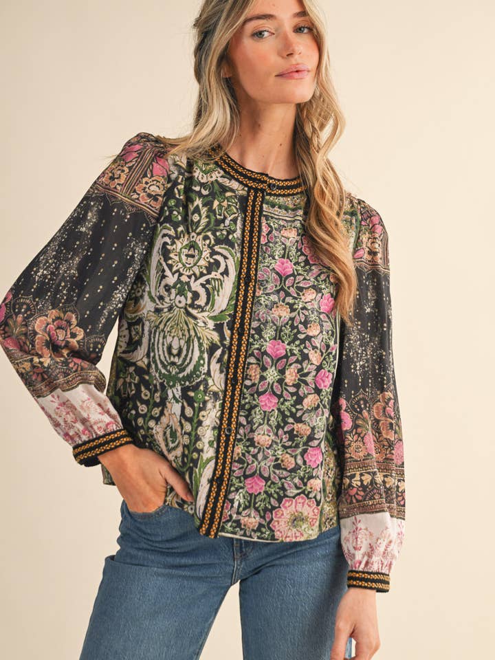 &MERCI - Wholesale Button Down Shirt - Women's - PATCHWORK PRINT CROCHET TRIM BUTTON DOWN TOP MTP438214