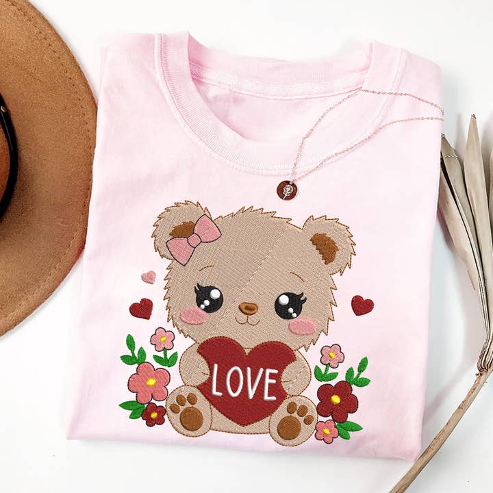 Valentine Teddy Bear Embroidery Tee, Valentine's Day Sweater for wholesale by ClevorFit