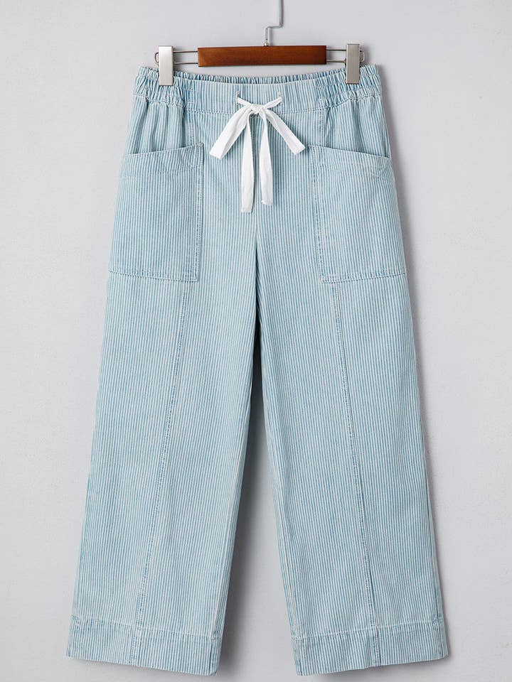 Sky Blue Stripe Scarlett Rise Drawstring Waist Jeans for wholesale on Faire
