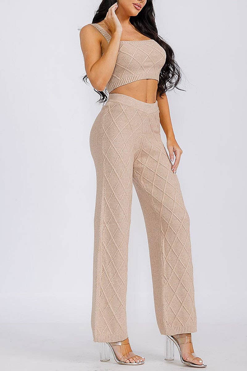 TAUPE SLEEVELES CROP TOP ELASTIC WAIST PANTS WAFFLE SET for wholesale on Faire