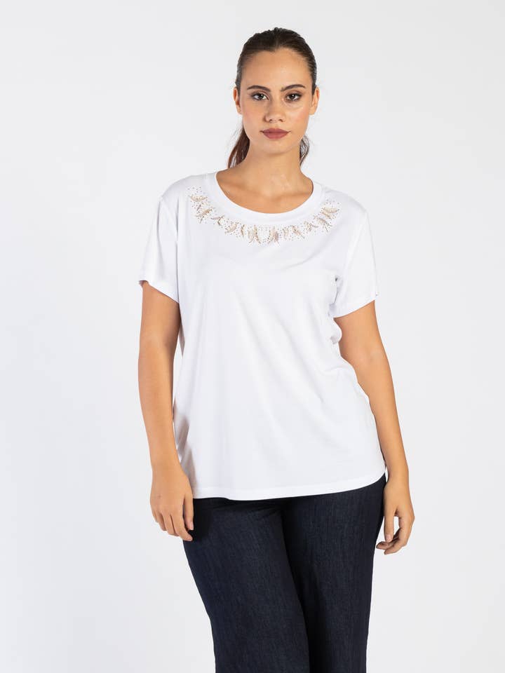 Suéter de viscosa con cuello redondo y aplicaciones de piedras brillantes para venta al por mayor de Clara G.