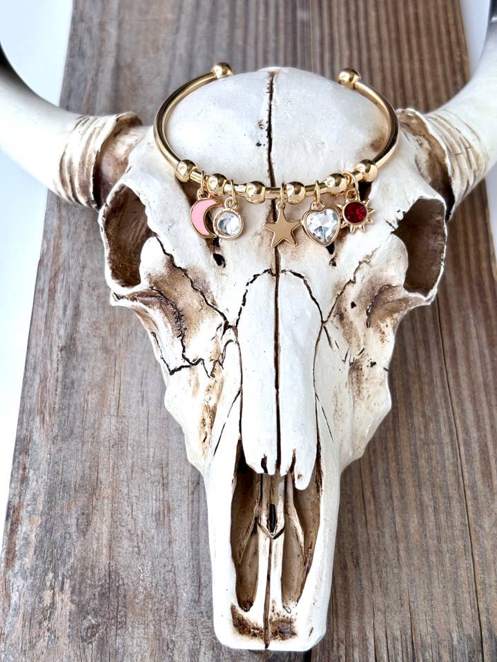 Multi Charm Cuff Bracelet - moon star heart for wholesale by Boho Ranch Shop