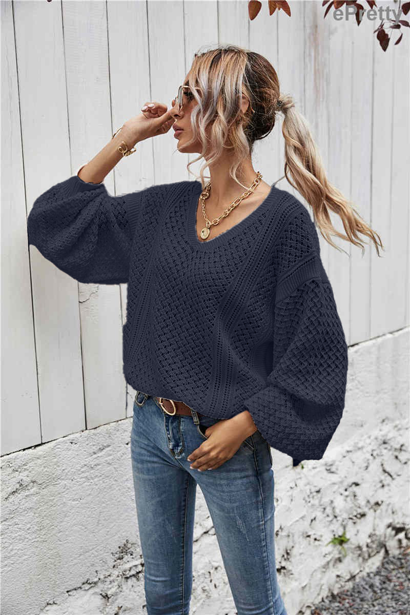 ePretty - Wholesale Knit Sweater - Women's - SZ53-SW6019 Open Knit Slouchy V-Neck Sweater4
