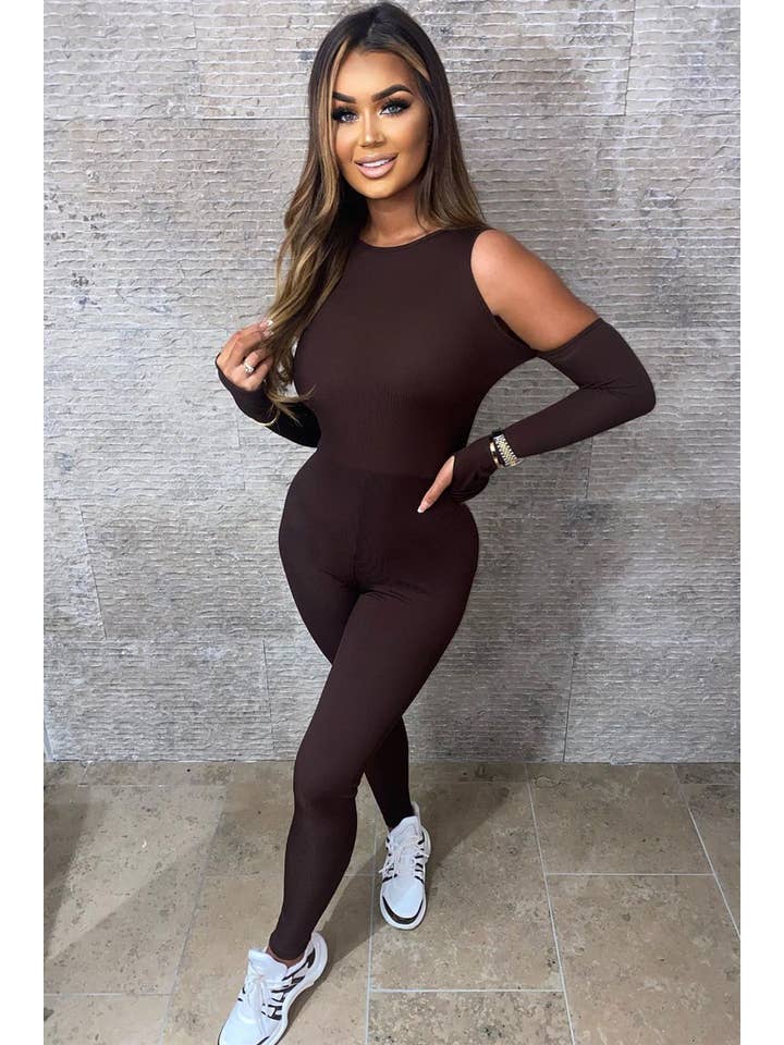 Chocolate Rib Cut Out Shoulder Thumb Hole Jumpsuit - Mel for wholesale on Faire