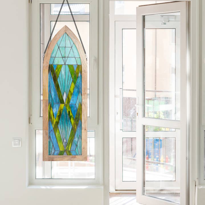 48"H Aqua Art Deco Cathedral-Inspired Stained Glass Window for wholesale by River of Goods
