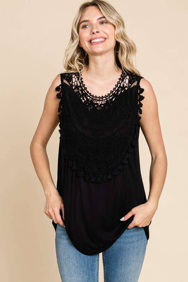 Culture Code - Wholesale Tunic - Women's - CAK1600 - LACE EMBROIDERY NECK TRIN FLARE TANK TOP0