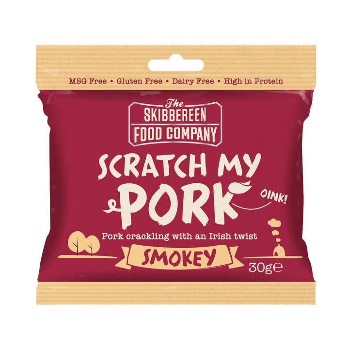 Scratch My Pork - Chicharrón de cerdo/sabor ahumado (24 x 30 g) para venta al por mayor de The Skibbereen Food Company