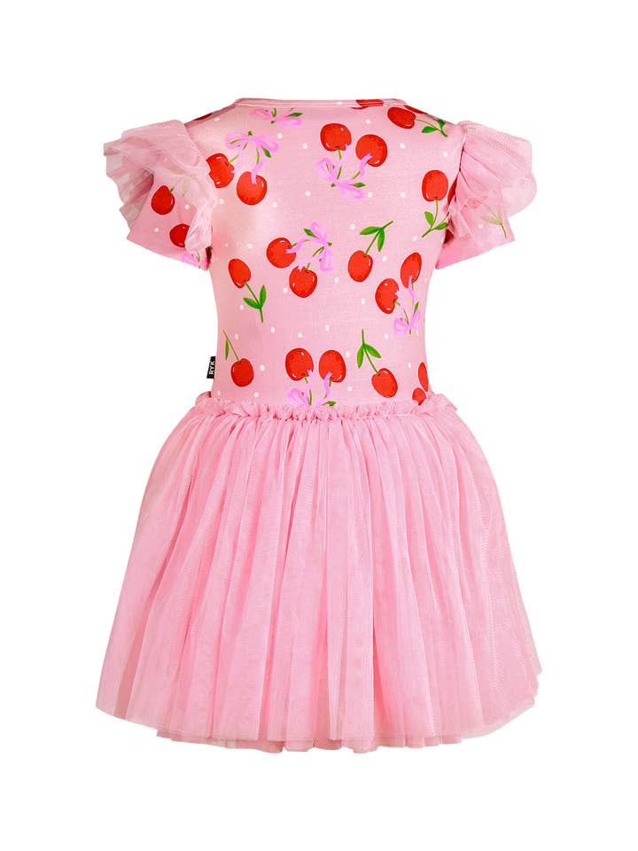 Pink POLKA CHERRY SHORT SLEEVE CIRCUS FRILL DRESS for wholesale on Faire5