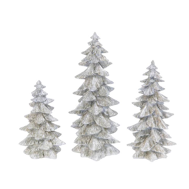 The Gerson Companies - Wholesale Decorative Figurine - Gerson S/3 Resin Silver Glitter Tree, Lg is 9.45"H (UPC Brea1