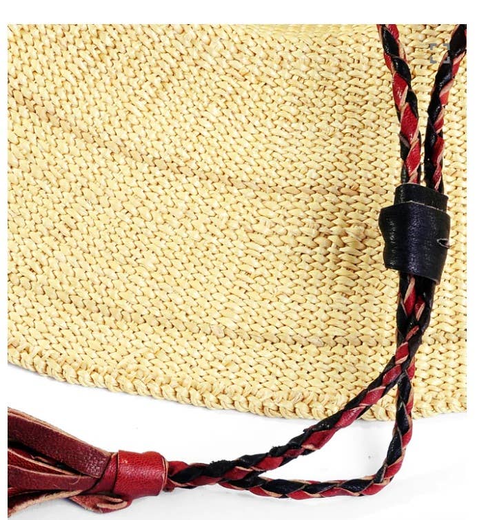 The African Home Goods - Wholesale Straw Hat - Women's - Ghanaian Straw Hats With Wide Brim Leather Strap- Natural. Size:22-25" Cap.3