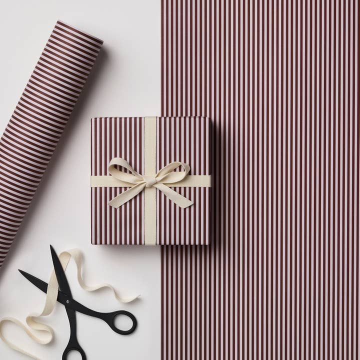 RUSSET/BURGUNDY TICKING STRIPE GIFT WRAP for wholesale by Kinshipped
