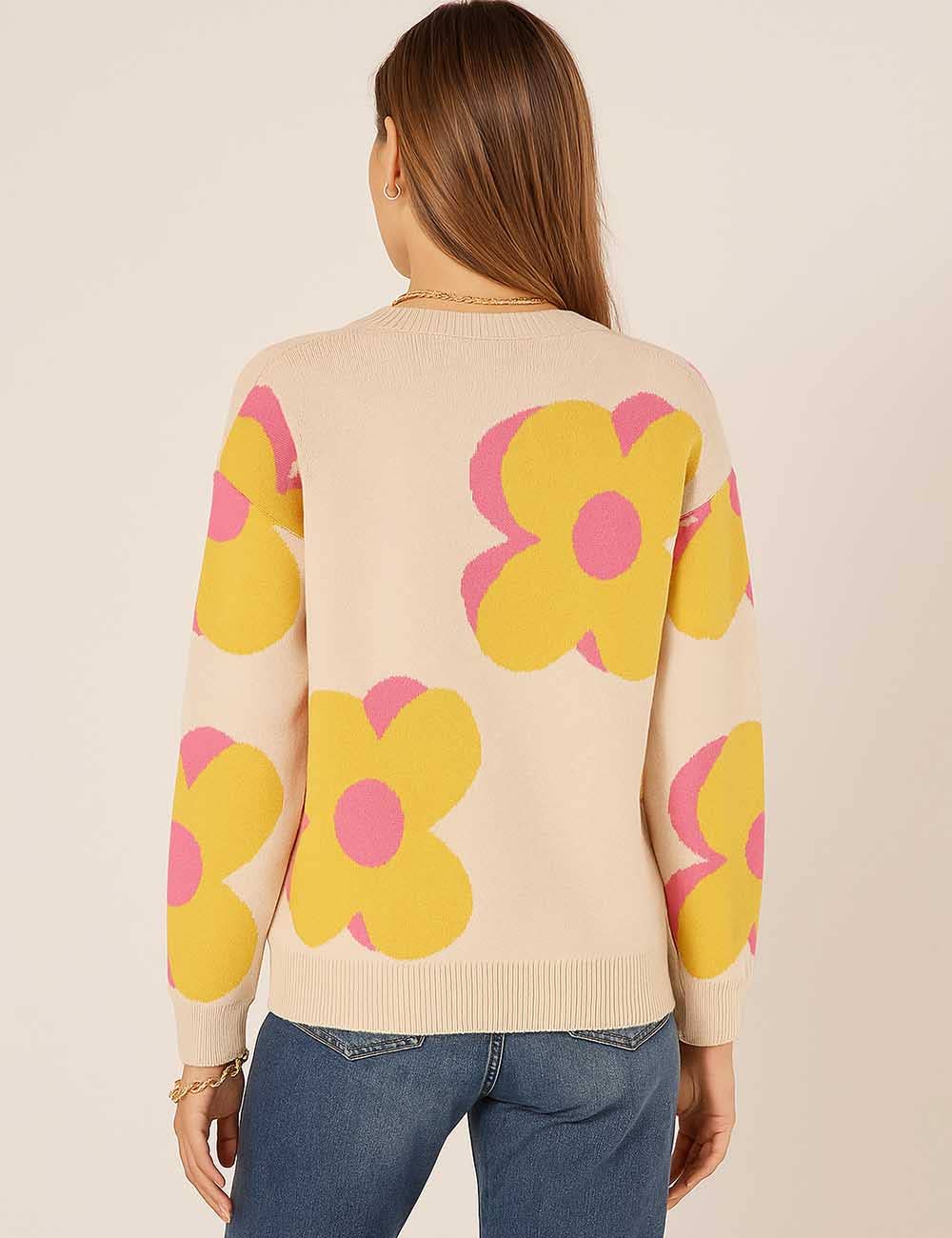Sweetkama - Vente Pull en maille – femme - Pull tricoté à col rond à motif floral multicolore pour femmes4