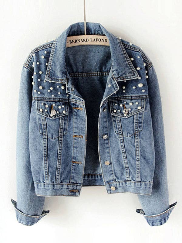 BLUE Long Sleeves Split-Joint Lapel Denim Jackets for wholesale on Faire