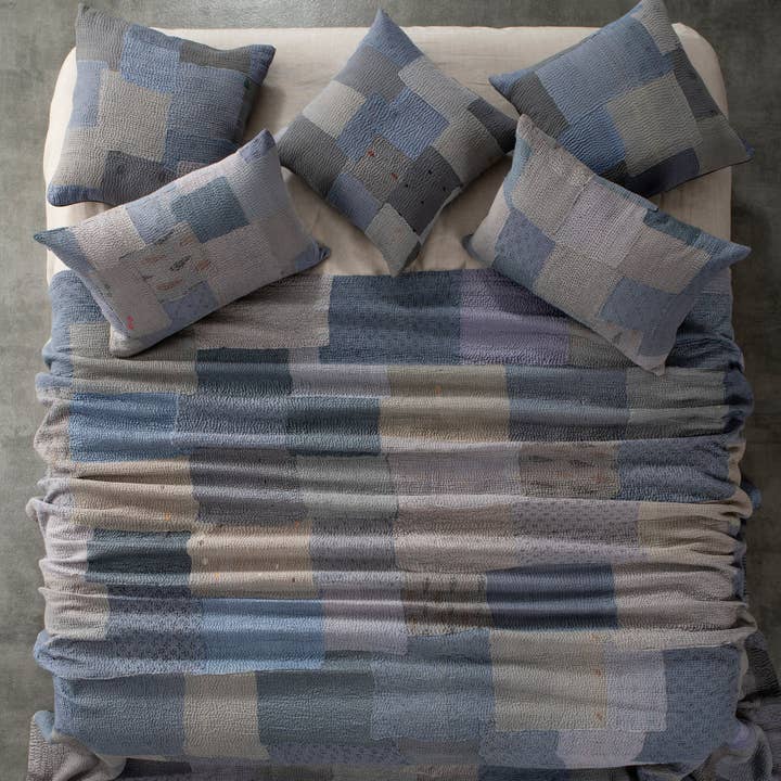 Mosaik Fransen-Patch Vintage Kantha-Steppdecke – Hortensie für den Großhandel von Maison Mieko