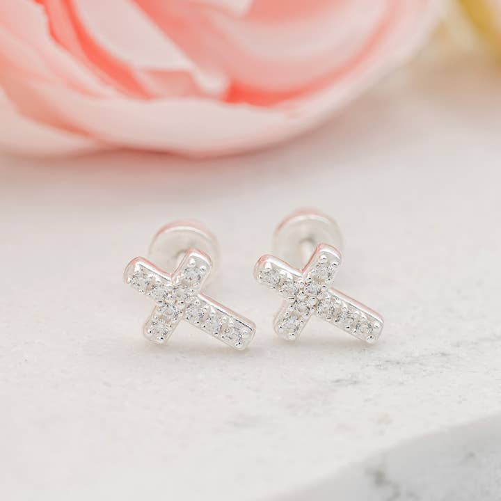Cherished Moments – Großhandel Ohrringe – Kinder – Sterling Silber Taufkreuz CZ Ohrringe Babytaufe Geschenk1