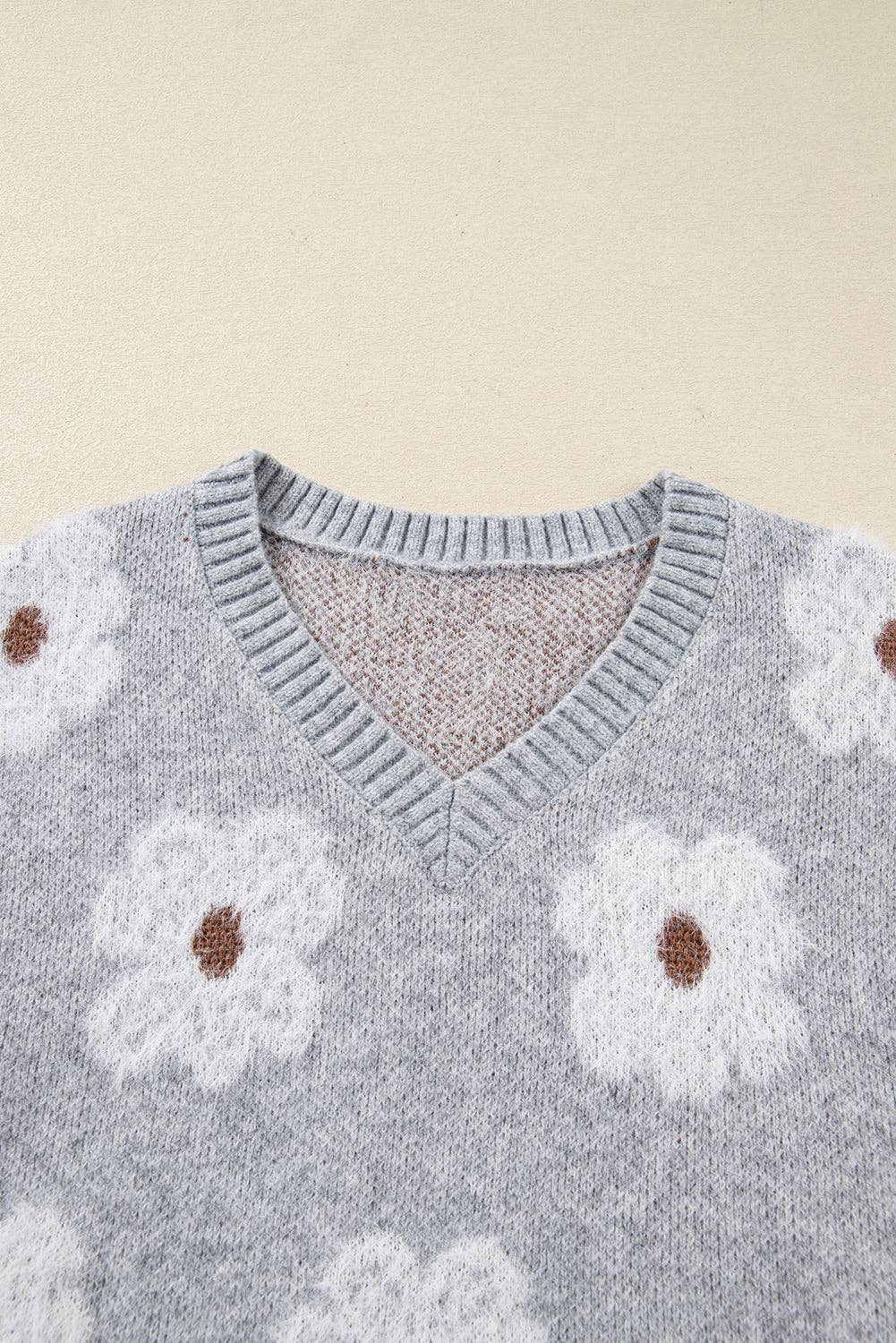 Gray Cute Flower Print V Neck Drop Shoulder Baggy Sweater for wholesale on Faire2