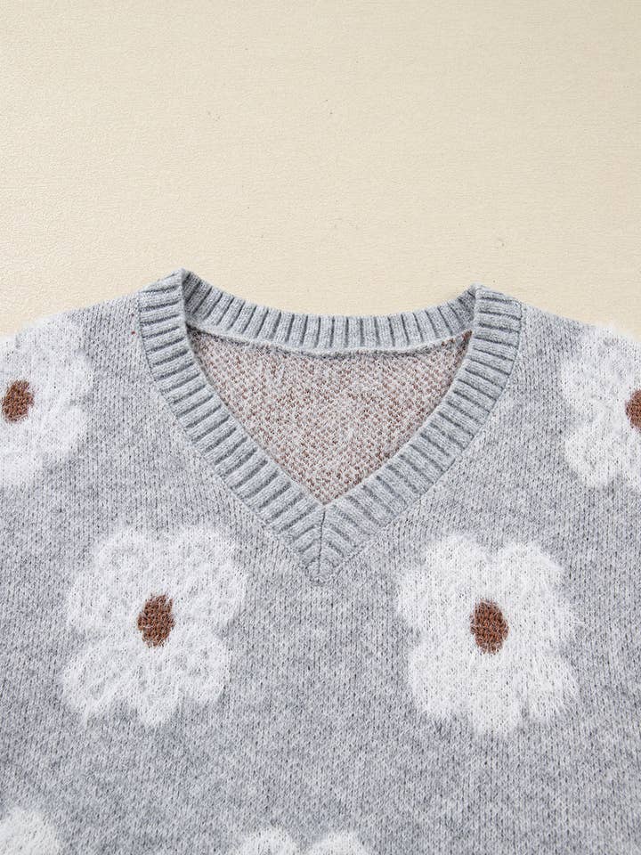 Gray Cute Flower Print V Neck Drop Shoulder Baggy Sweater for wholesale on Faire2