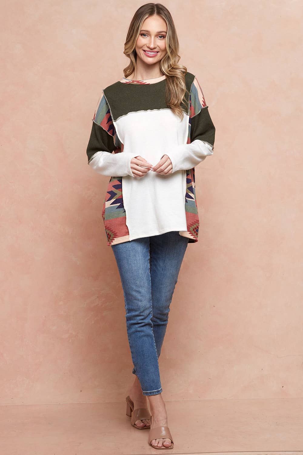 Moonshot Clothing - Wholesale Tunic - Women's - MST2977-DELFI AZTEC COLORBLOCK PULLOVER12