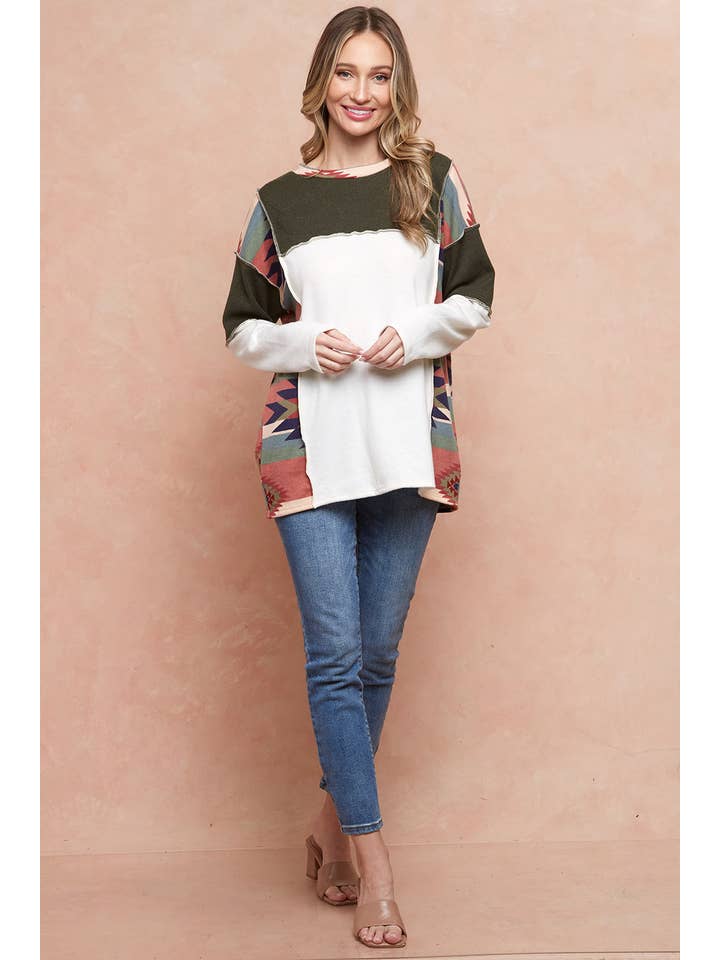 Moonshot Clothing - Wholesale Tunic - Women's - MST2977-DELFI AZTEC COLORBLOCK PULLOVER12